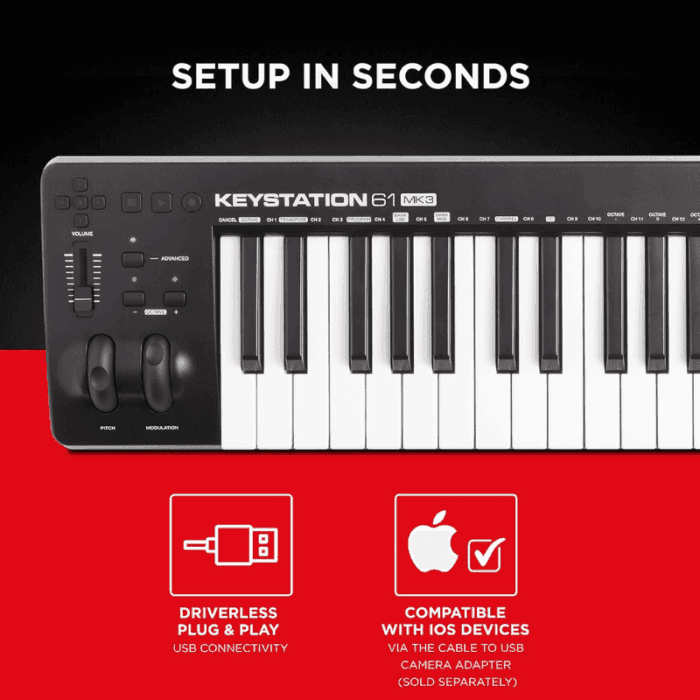 M-Audio Keystation 61MK3 | 61-Key USB MIDI Keyboard Controller with Pitch/Modulation Wheels, Free App Lessons and Software Production Suite - Image 4